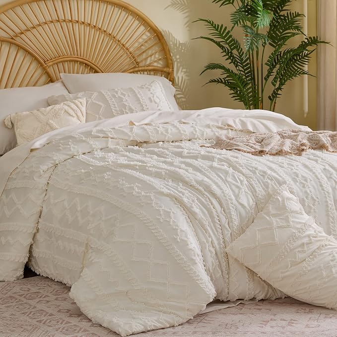 BEDELITE King Comforter Set 7 Pieces,Boho Bed in a Bag,Cream White | Tufted Bed Set for All Seasons,Soft Farmhouse-Style Embroidery Bedding,Includes Flat & Fitted Sheets,2 Pillowcases & 2 Shams