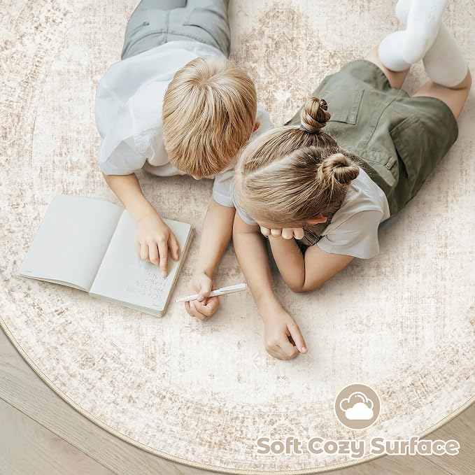 Round Rugs 6ft Washable Rug, Vintage Boho Medallion Rugs Non-Slip Soft Low Pile Circle Distressed Rug Indoor Retro Carpet for Living Room Bedroom Dining Room Home Office (Beige, 6' Round)