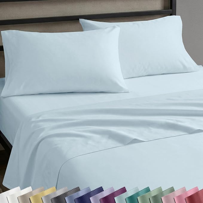 Soft Natural 100% Cotton Sateen King Size Bedsheets, 4 Pc Set, Baby Blue | Backed by Good Housekeeping Seal, Light & Breathable For Hot Sleepers, 14" Deep Pocket, All-Around Elastic, Durable