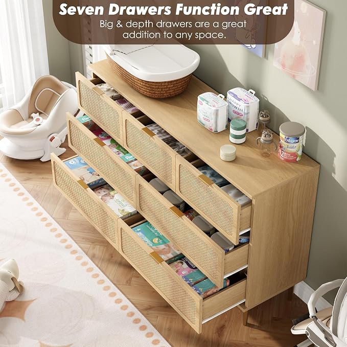 GarveeHome Rattan 7 Drawer Dressers for Bedroom, Deep Drawer, Natural | Tall Dresser, Wide Top, for Living Room, Hallway, Kids Room, Large Chest of Drawers for Closet, Long Wooden Dresser