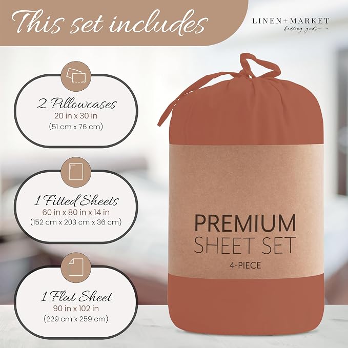 Linen Market Bed Sheets for Twin Size Bed (Clay) - Sleep Better Than Ever with These Soft and Cooling Twin Sheets - Deep Pocket Fits 16" Thick Beds - 4 Piece Twin Sheet Set