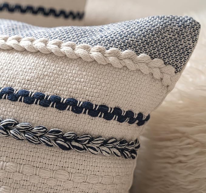 Cethom Boho Throw Pillow Covers 18x18 Inch Set of 2, Navy Blue Textured Decorative Couch Pillow Cases for Farmhouse Home Decor, Accent Cushion Cover for Sofa, Bed, Living Room, Bedroom