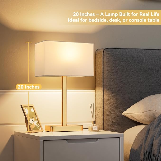 Hong-in Touch Lamps for Bedroom, Bedside Table Lamps Set 2, D. White&Gold | Modern Table Lamp for Nightstands, Desk Lamp for Bedroom, with USB C+A, End Tables Bed Side, Bulb Included, 3 Way Dimmable