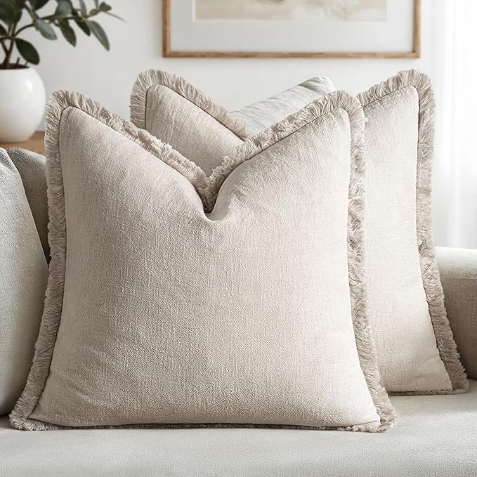 MIULEE Linen Fringe Decorative Euro Pillow Covers Natural Beige 22x22 | Set of 2, Cottagecore Decor, Boho Farmhouse Neutral Throw Pillow Covers, Rustic Couch Cushion Cases for Sofa Bed Living Room