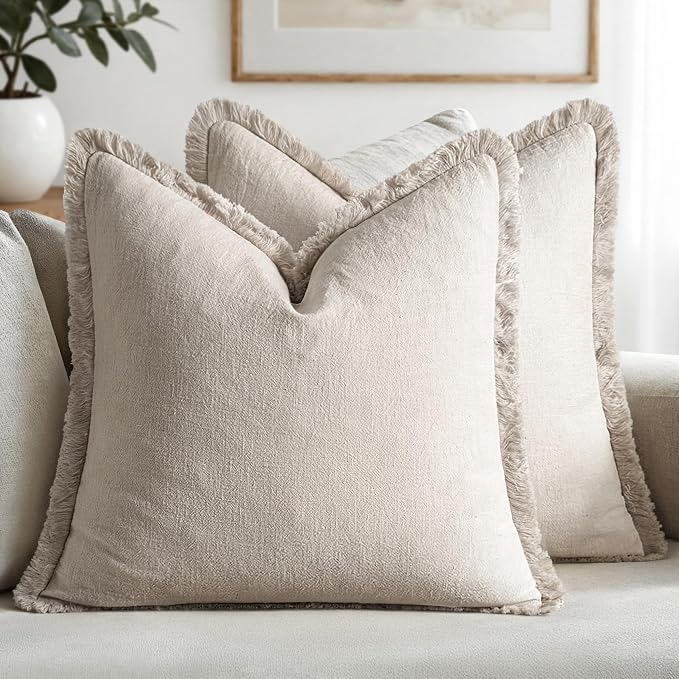 MIULEE Linen Fringe Decorative Throw Pillow Covers Natural Beige 18x18 | Set of 2, Cottagecore Decor, Boho Farmhouse Neutral Pillow Covers, Rustic Couch Cushion Cases for Sofa Bed Living Room