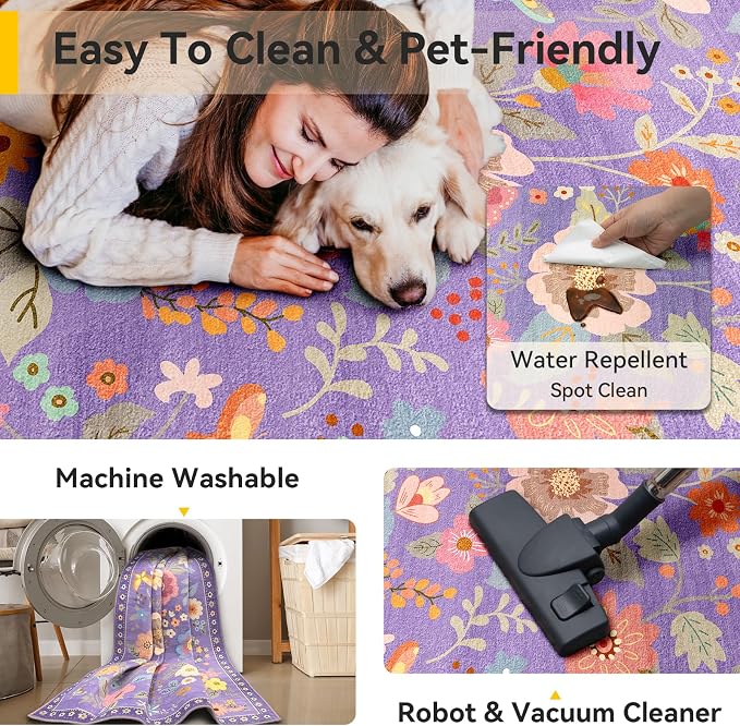 RELEANY Floral Washable 6x9 Area Rugs Purple/Pink | Flower Carpet, Print, Boho, Non-Slip, Easy to Clean, Soft, Low Pile for Living Room Bedroom Kitchen Office Entryway Hallway