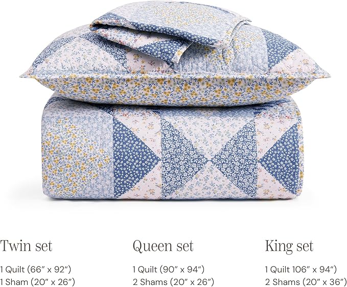Twin/Twin XL Quilt Set-2 Pieces Soft Bedding Floral Patchwork Coverlet | All Seasons Lightweight Quilts Queen Size, 1 Quilt (66" x 92") and 1 Sham (20" x 26"), Reversible Bedspread, Blue Marigold