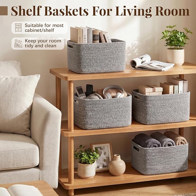 OIASKET 4Packs Natural Cotton Rope Storage Baskets for Organizing Toys, Clothes, Towels & Books, Soft Versatile Organizers for Shelves, Home Decorative Bins, 13''Lx9''Wx7.8''H, Grey
