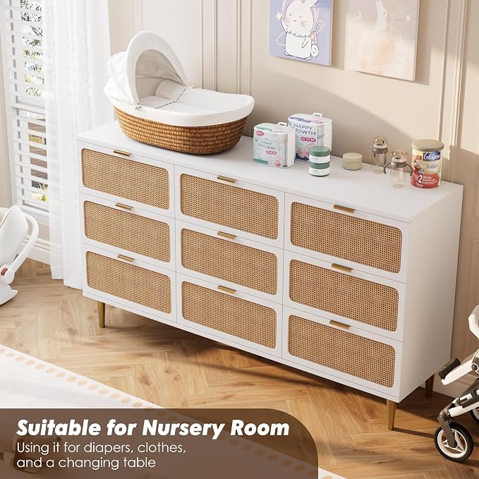 GarveeHome Rattan 9 Drawer Dressers for Bedroom, Deep Drawer, White | Tall Dresser, Wide Top, for Living Room, Hallway, Kids Room, Large Chest of Drawers for Closet, Long Wooden Dresser