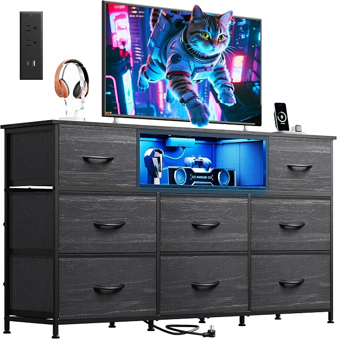 WLIVE Dresser TV Stand for 65 Inch TV, 8 Drawers, LED, Black Wood Grain | Fits TVs up to 65 inch, 8 fabric drawers, Built-in power outlet, Chest of drawers, Living room or bedroom