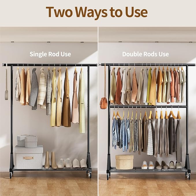 Luxspire Heavy Duty Clothes Rack with Lockable Wheels Load 600 LBS, Black | Double hanging rods, heavy-duty iron mesh frame, adjustable extendable rods, ideal for laundry room & bedroom garment storage