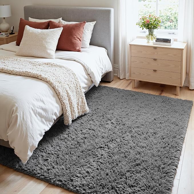 4x6 Fluffy Shag Area Rugs for Living Room Bedroom: Soft Carpet Light Gray | Upgraded Non-Slip Thick Memory Foam, Ultra Soft, Non-Shedding Fuzzy Carpet, Easy Clean Decor for Kids Room, Nursery, Playroom