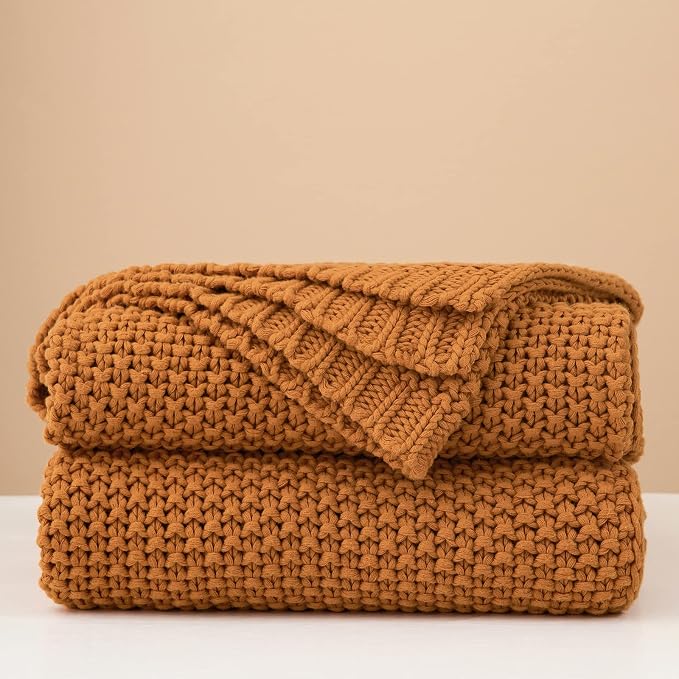 Chunky Cable Knit Throw Blanket Lightweight Burnt Orange 100% Organic Cotton Blanket for Sofa Couch Bed Baby Nursery, Rustic Shabby Chic Modern Farmhouse, 51” x 63” Give Laundering Bag
