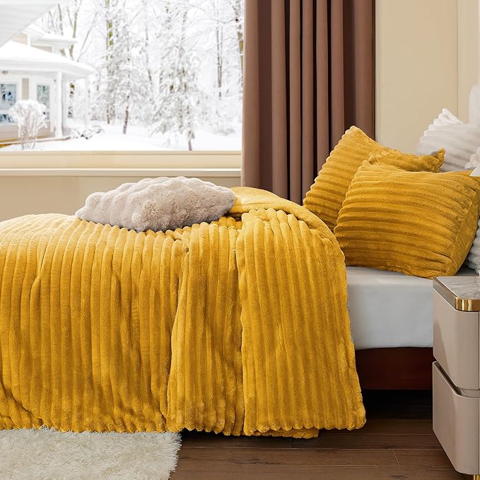 BEDELITE Fleece King Comforter Set, Fluffy Bed Set, Mustard | Super Soft & Warm Bedding, Luxury Fuzzy Faux Fur Comforter for Winter, Heavy Plush Bedding, with 2 Pillowcases