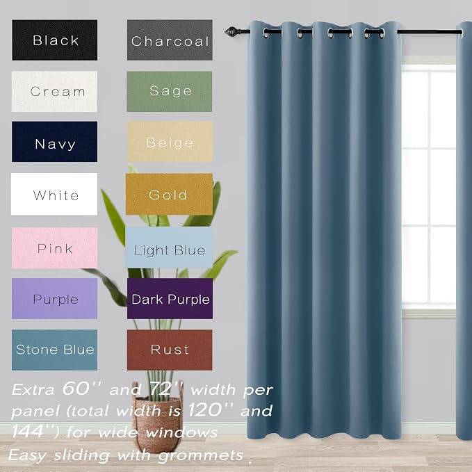 Stone Blue Curtains 72 Inch Extra Wide Blackout Curtain for Sliding Glass Door,2 Panels Grommet Darkening Large Window Black Out Blinds for Bedroom Living Room,6 x 7 FT Width by 84in Length,Dusty Blue