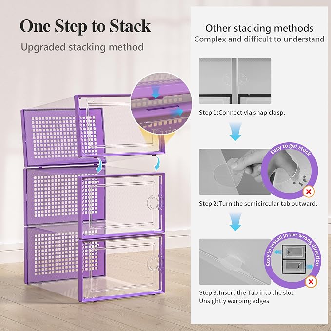 Kuject X-Large Shoe Storage Boxes 12 Pack, Clear Stackable Shoe Organizer | Shoe Case for Closet, Entryway & Under-Bed Storage, Drop-Front Design, Space-Saving Solution for Family Organization,Purple