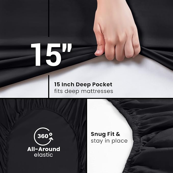 Pack of 6 Queen Fitted Sheet, Fits Up to 16 Inch Deep Pocket, Black | Hotel Comfort, Cooling & Breathable Cotton like Polyester, Easy Fit, Wrinkle & Fade Resistant, Snug Fit, Easy Care, Oeko-Tex