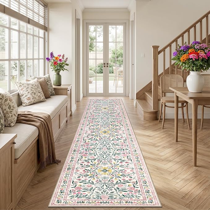 PLHXFR 2.6x14 Washable Runner Rug：Floral Indoor Kitchen Carpet Pink Green | For Hallway Bedroom Kitchen Laundry Bathroom Dorm,Vintage Floral,Machine washable,Non Slip,Stain Resistant,Indoor Floor