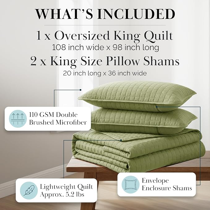 Southshore Fine Living, Inc. Oversized King Quilt Bedding Set, Pet Hair Resistant Bedding, Microfiber Lightweight Bedspread for Summer, Green Coverlet Set w/2 Pillow Shams, Sage Green Quilt King