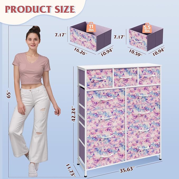 WLIVE Tall Dresser for Bedroom, 11 Drawer Chest of Drawers, Tie-Dye | 11 fabric storage drawers, Tall high-capacity design, Bedroom or dorm use, Sturdy steel frame, Smooth wood tabletop