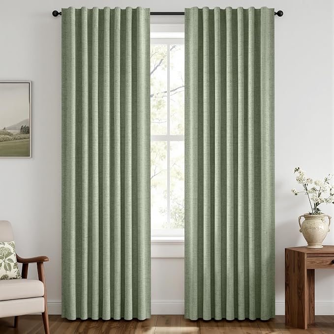 MIULEE 100% Blackout Linen Curtains 42 x 63 Inch Sage Green 2 Panels | Thermal Insulated, Room Darkening Drapes for Bedroom Living Room, Back Tab Rod Pocket Pinch Pleated, Solid Luxury Decor