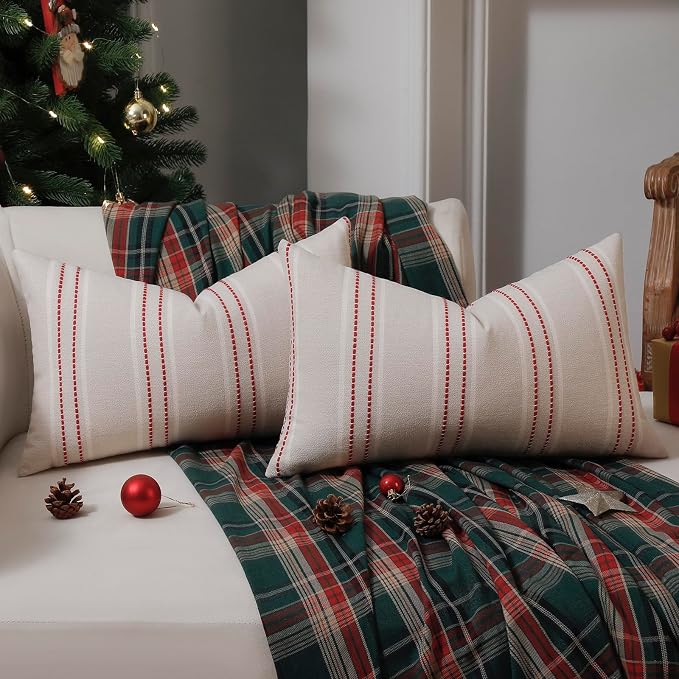 Hckot Christmas Throw Pillow Covers 12x20 Red Lumbar Pillow Covers | Striped Xmas Decorations Pillows Farmhouse Cushion Covers Winter Holiday Decor for Sofa Living Room (Red)