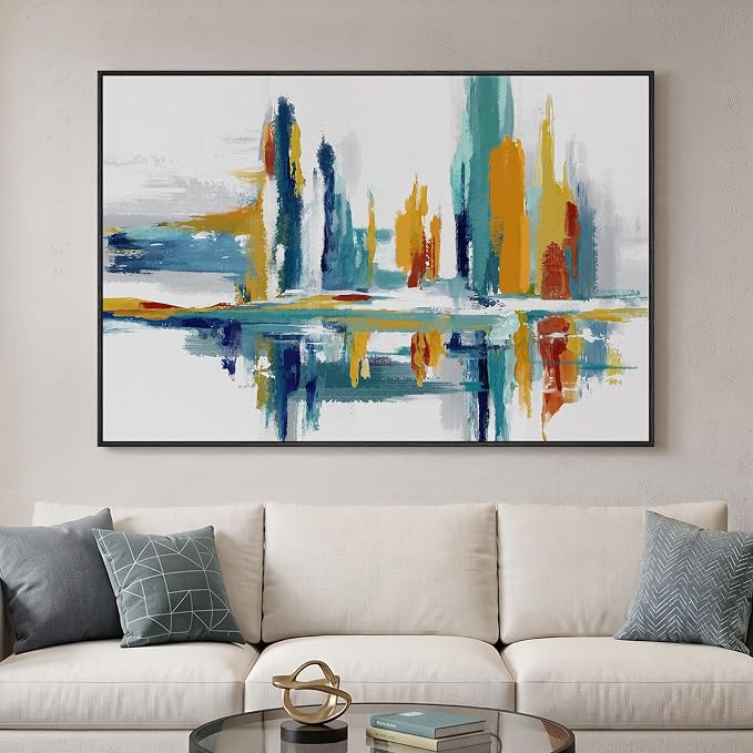 Extra Large Framed Colorful Abstract Wall Art for Living Room, 60x40 In | Bright multicolor picture, Horizontal canvas prints, Wood frame, Modern paintings artwork, Wall decor for bedroom dining room