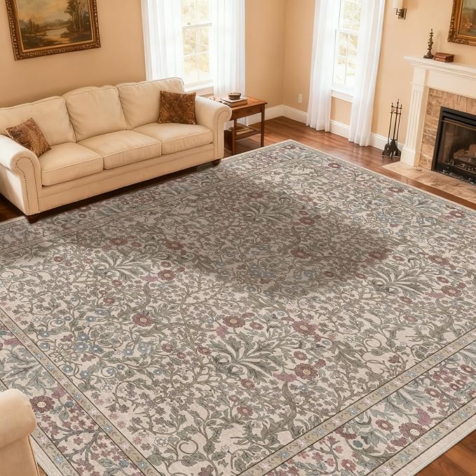 Extra Large 10x14 Area Rug for Living Room, Washable Rugs for Dining Room, Bedroom, Non Slip Stain Resistant Carpet, Low Pile Vintage Floral Rug (Moss)