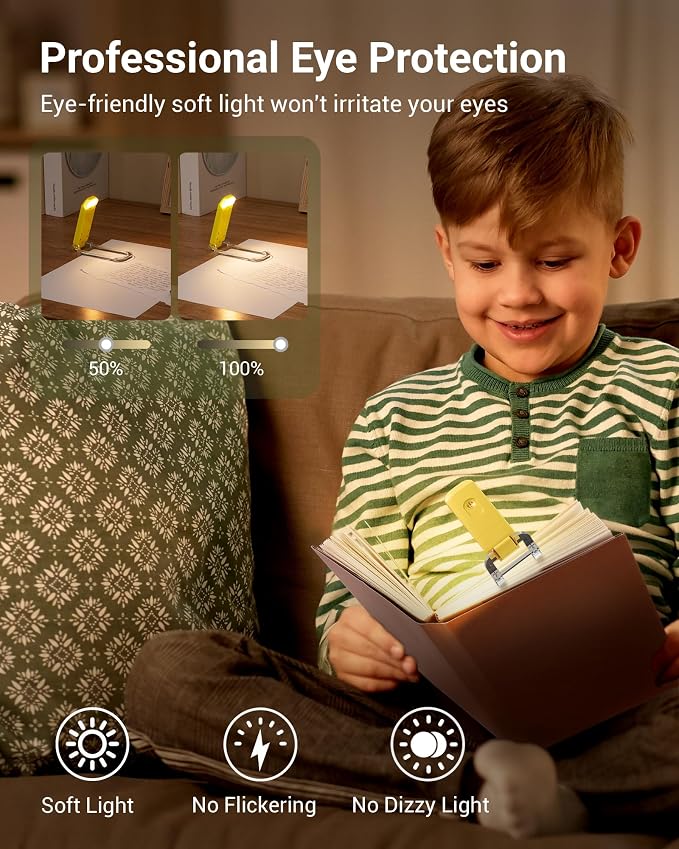 DEWENWILS Rechargeable Book Light for Reading in Bed, Warm White, Brightness Adjustable for Eye Care, LED Clip on Book Lights for Kids, Portable Bookmark Light, Yellow | 315° Flexible Holder Bends, 2 Brightness Levels, Warm White, Portable Bookmark Lig...