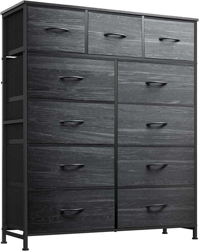 WLIVE Tall Dresser for Bedroom, 11 Drawer Fabric Dresser, Black Wood Grain | 11 fabric storage drawers, Tall high-capacity design, Bedroom or dorm use, Chest of drawers, Smooth wood tabletop