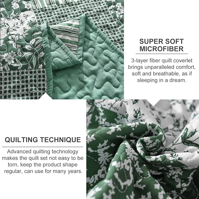 Mybedsoul Boho Quilts Queen Size, Patchwork Reversible Bedding Set, Green | Soft Lightweight Microfiber Coverlet Set, 3 Pieces Plaid Reversible Bedspread, Bed Sets for All Seasons 90"x96"