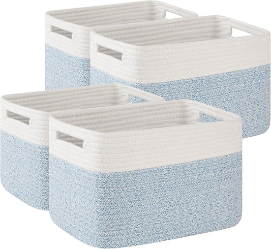 OIAHOMY 4 Pack Storage Basket, 13"x9"x7.8" Cotton Rope Baskets for Shelves, Closet Organizer for Bedroom & Living Room, Soft Decorative Bins for Organizing Towels, Books & Toys, Light Blue & White