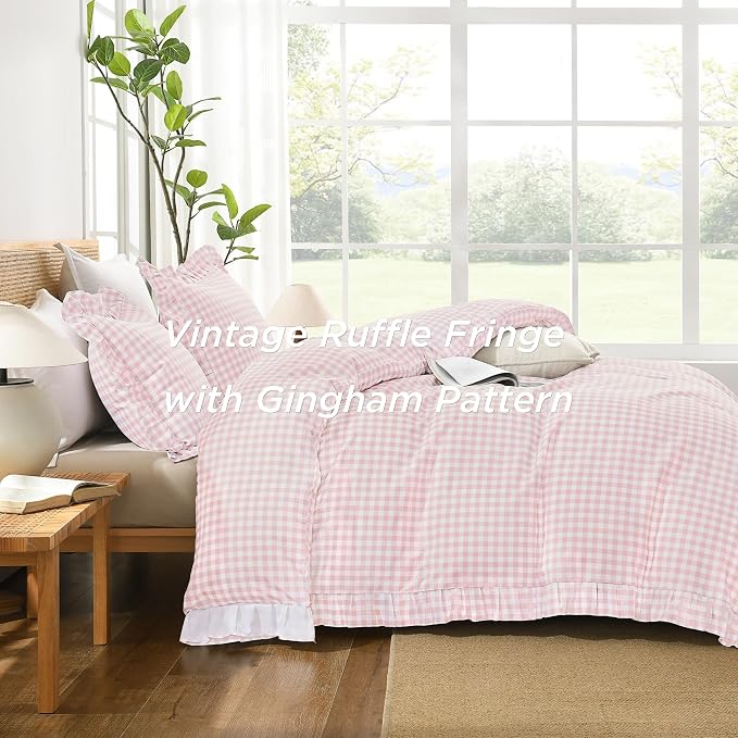 Andency Pink Gingham Duvet Cover King, Ruffle Shabby Chic Bedding Set 3 Pcs | Farmhouse Soft Pre-Washed Polyester Comforter Cover with Zipper Closure & Corner Ties, 104x90Inch