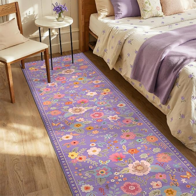 Floral Washable 2x10 Area Rugs Runner Entryway Hallway Purple/Pink | Flower Carpet, Print, Boho, Non-Slip, Easy to Clean, Low Pile, Soft, for Living Room Bedroom Kitchen Office Entrance