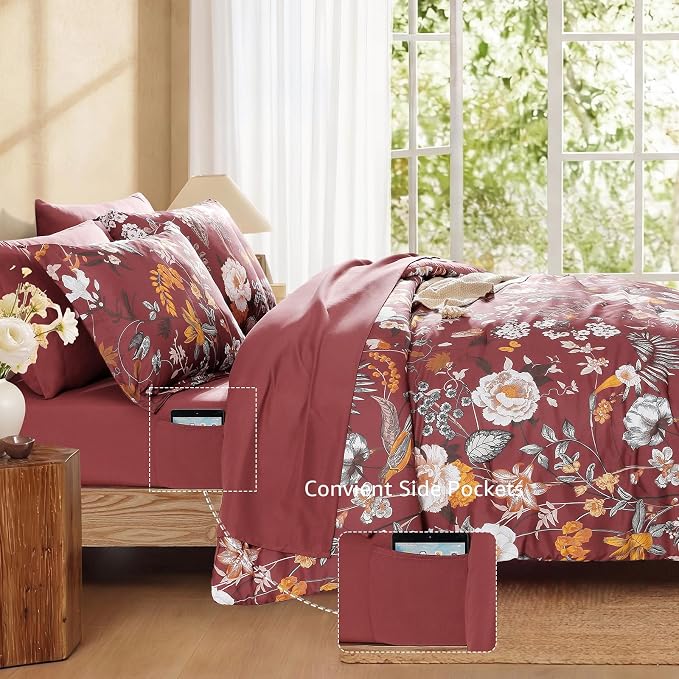 Queen Comforter Set - 7 Pieces Red Floral Bed in a Bag Queen Bedding Sets | All Season Botanical Flowers Comforter Set with Sheets, Pillowcases & Shams