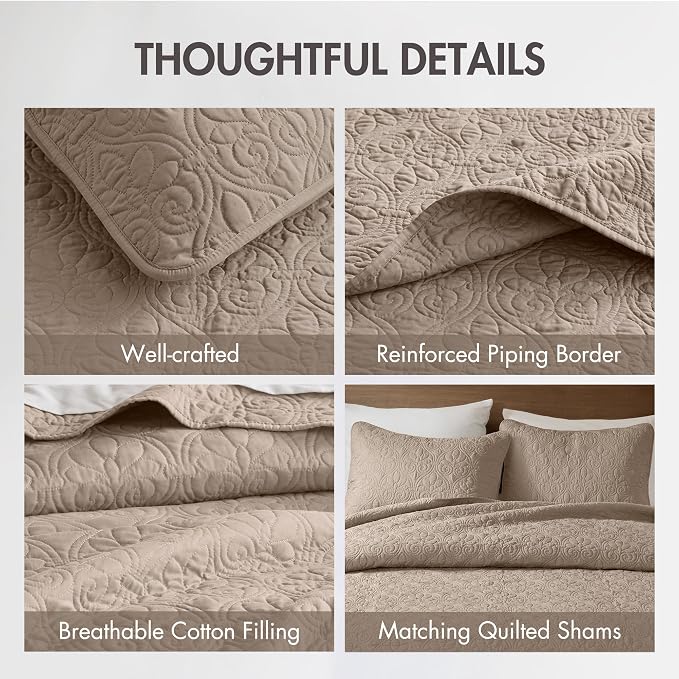 Madison Park Queen Quilt Bedding Set, Cottage-Inspired Damask, 3PC | All Season Quilted Coverlet, Classic Stitch Pattern Bedspread & Shams, Ultra Soft Microfiber Bedspread Set, Khaki