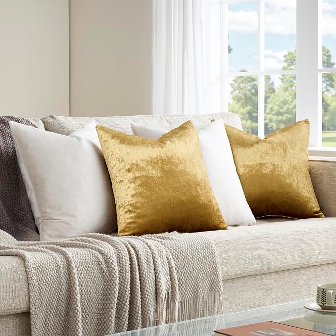 GIGIZAZA Pack of 4 Decorative Velvet Pillow Covers 20x20 Ivory Gold | Throw Pillows for Couch Sofa,280gsm Soft Textured Fabric,Modern Accent Pillowcases,Luxury Living Room Cushion Covers