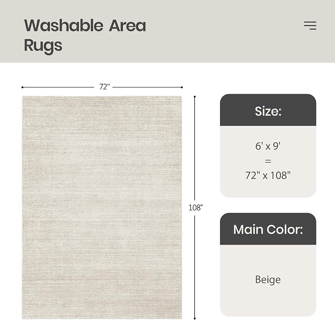6x9 Area Rugs Non Slip, Large Washable Rugs for Living Room, Beige | Soft Low Pile, Thin & Lighweight Carpet, Folable Stain Resistant Modern Indoor Floor Mat for Bedroom, Dining Room, Home Decor