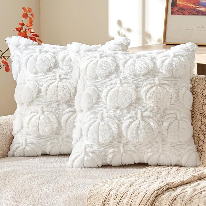MIULEE Fall Pillow Covers Pumpkin Fall Decor 16x16 Pure White | Set of 2 Fall Decorations for Home, Plush Faux Fur Farmhouse Accent Pillowcases, Porch Sofa Couch Cushion Bed Livingroom