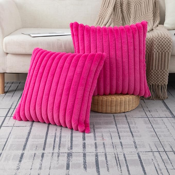 ZLINA Hot Pink Striped Faux Fur Throw Pillow Covers 20 x 20 Inch | 2‑Pack, boho striped pillow covers,velvet back,fuzzy plush cushion covers , for sofa bed livingroom home decor