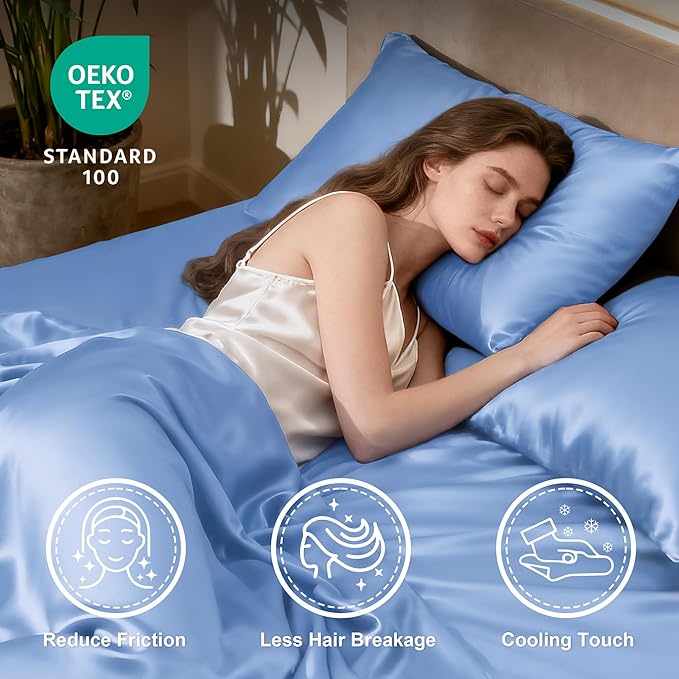 Love's cabin Twin XL Satin Sheet Sets - 3 Piece Sky Blue Silky Bed Sheets with Deep Pockets, Luxury Silk Feel Satin Sheet Set Twin XL (1 Flat Sheet,1 Fitted Sheet,1 Pillow case)