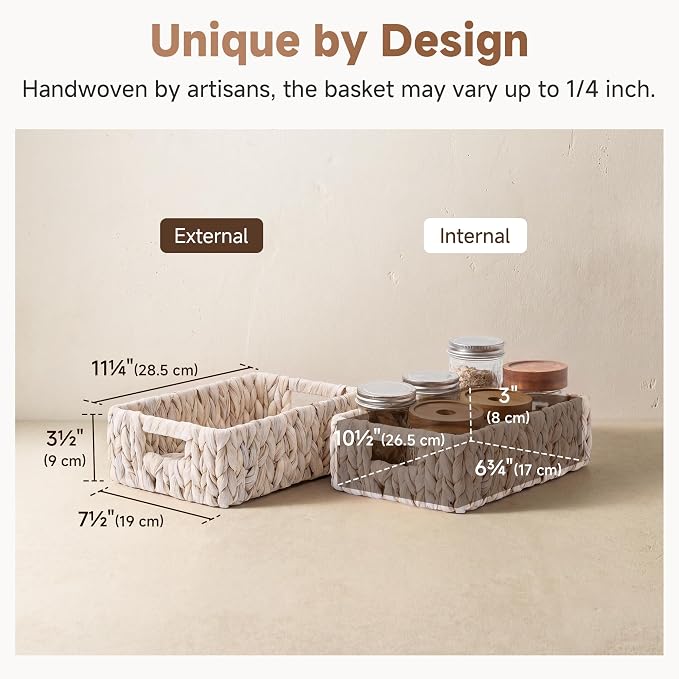 StorageWorks Wicker Baskets for Storage, White Wicker Baskets, 2-Pack | Water Hyacinth Wicker Storage Baskets for Organizing, Wicker Storage Baskets for Shelves, White Baskets, 11¼" x 7½" x 3½"