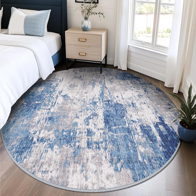 RELEANY Washable Round 8ft Area Rug for Living Room Blue Gray | Carpet for Bedroom, Kitchen, Office, Hallway and Entryway, Printed Pattern, Non‑Slip, Soft, Stain‑Resistant, Easy to Clean
