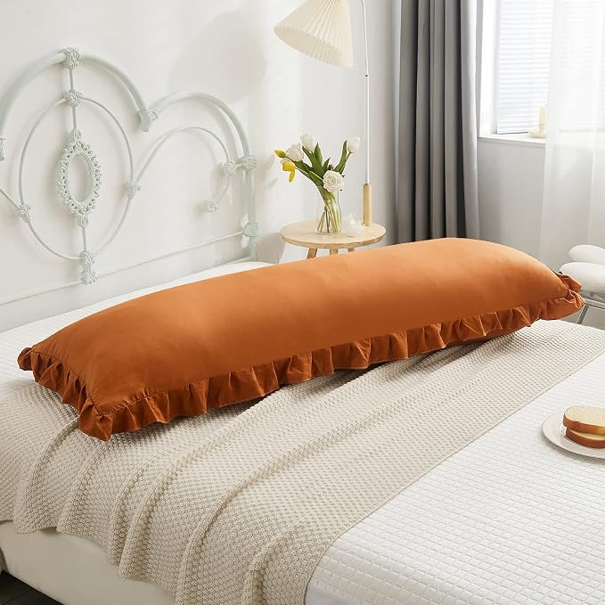 Burnt Orange Body Pillow Cover 20x54inches Long Pillowcase Shabby Chic Ruffled Fringe Decor Body Pillow Sham Cute Pillowcase (1 Body, Caramel)