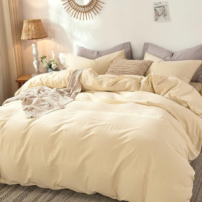 MooMee Duvet Cover Set 100% Washed Cotton Linen Like King | Relaxed Linen-like Texture. Soft, Breathable & Long-lasting Comfort. Lightweight. Hidden Zipper with 8 Interior Corner Ties