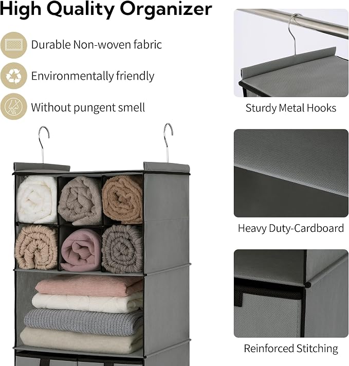 GRANNY SAYS 4-Shelf Hanging Closet Organizer with Drawer, Foldable Storage | Dividers Closet Hanging Organizer, No-Sag Support, Keeps Clothes Neat, Folds Flat, Fits RV, Dorm & Small Closets, Grey