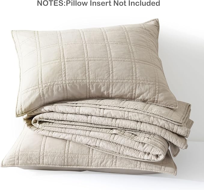 HORIMOTE HOME 100% Cotton Quilt Twin Size Beige Bedspread, Pre-Washed 2-Piece Cozy Lightweight Stitching Decorative Bedding Cover Coverlet Set with 1 Sham in Geometric Pattern for All Season