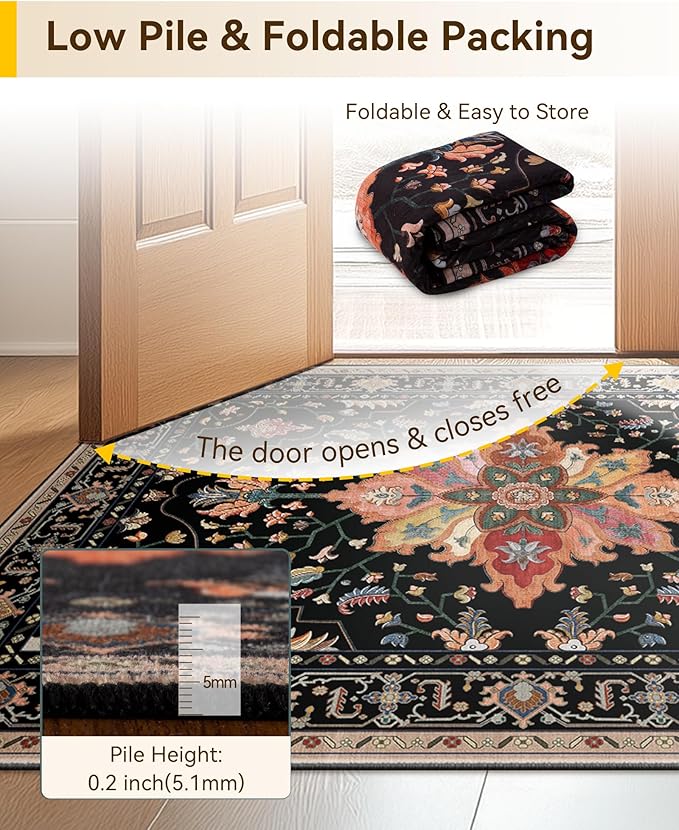 RELEANY Washable Area Rug, Small 2'x4', Black/Colorful | Non-Slip, Water Repellent, Pet Friendly, Easy to Clean, Vintage Floral Boho Decor for Kitchen Entryway Bathroom