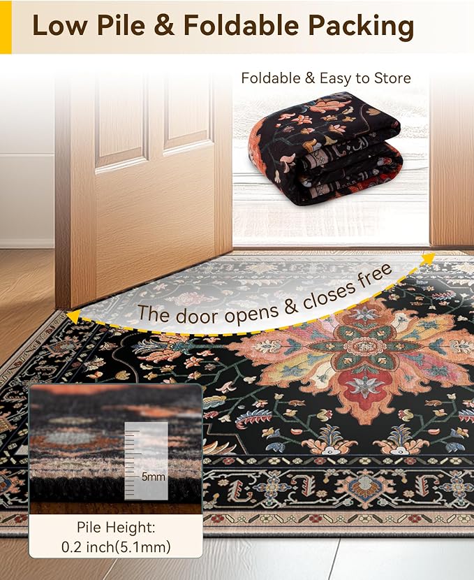 RELEANY Washable Area Rug, Small 2'6"x4', Black/Colorful | Non-Slip, Water Repellent, Pet Friendly, Easy to Clean, Vintage Floral Boho Decor for Kitchen Entryway Bathroom