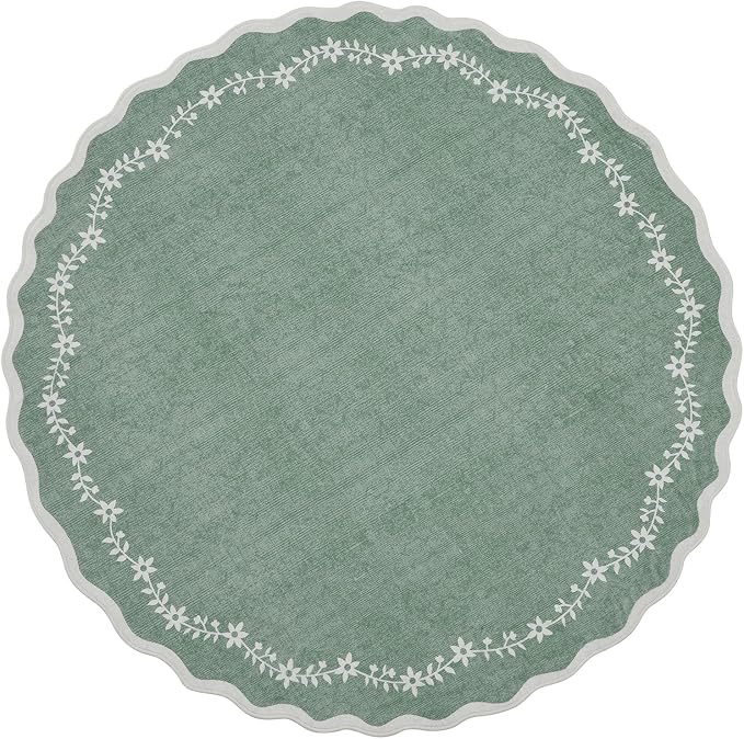 GarveeHome Round Rugs 6ft Scalloped Washable Circle Rug for Dining Room | Soft Sage Green Non Slip Floral Print Floor Mat Carpet Indoor Thin Tent Rug for Kids Bedroom Playroom Nursery Entryway